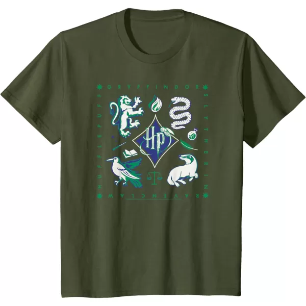 Amazon Essentials Harry Potter Hogwarts Houses Square TShirtOlive Green