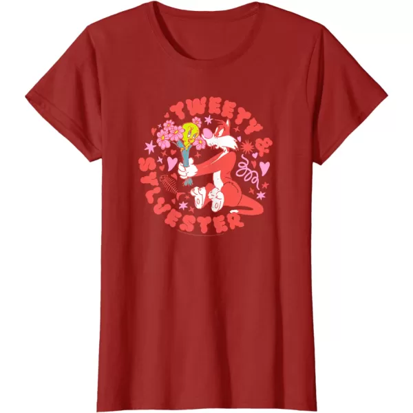 Amazon Essentials Looney Tunes Circle Tweety and Red Sylvester TShirtCranberry Red