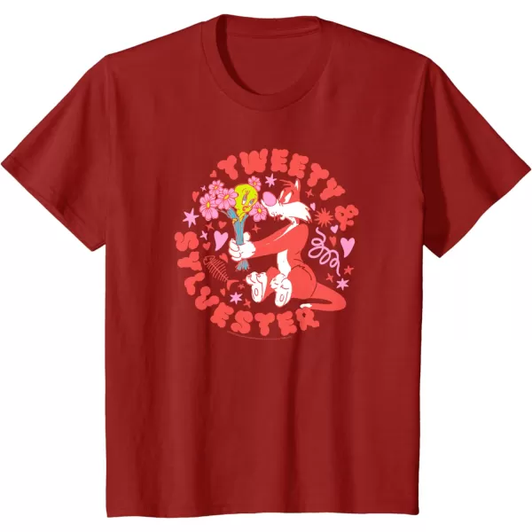 Amazon Essentials Looney Tunes Circle Tweety and Red Sylvester TShirtCranberry Red