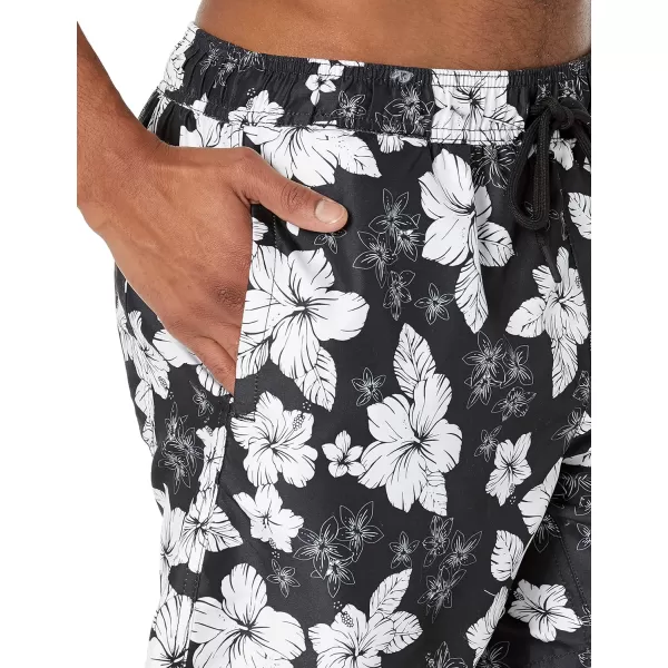 Amazon Essentials Mens 7 QuickDry Swim TrunkBlack Hibiscus Flower