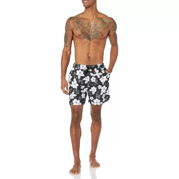 Amazon Essentials Mens 7 QuickDry Swim TrunkBlack Hibiscus Flower