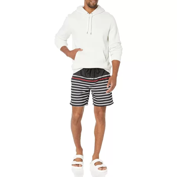Amazon Essentials Mens 7 QuickDry Swim TrunkBlackRed Stripe
