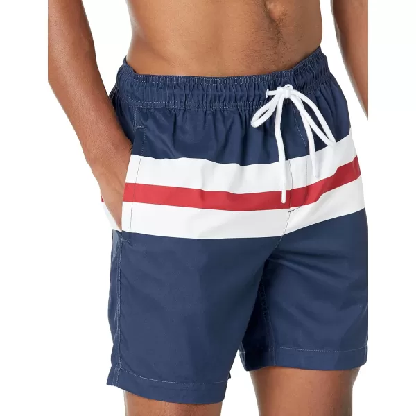 Amazon Essentials Mens 7 QuickDry Swim TrunkBlueRed Stripe