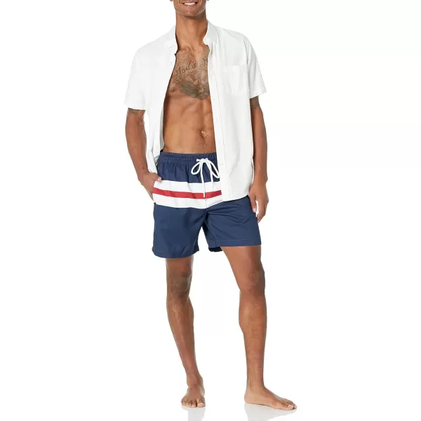 Amazon Essentials Mens 7 QuickDry Swim TrunkBlueRed Stripe