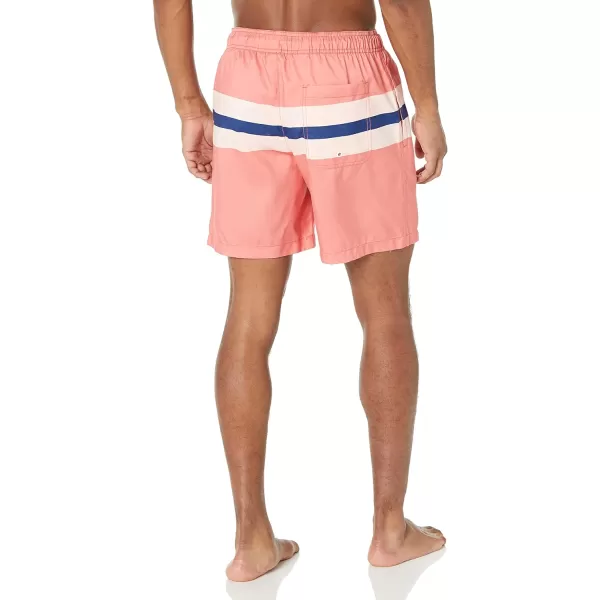 Amazon Essentials Mens 7 QuickDry Swim TrunkCoral OrangeBlue Stripe