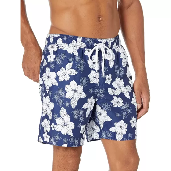 Amazon Essentials Mens 7 QuickDry Swim TrunkNavy Hibiscus Flower