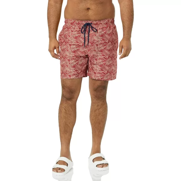 Amazon Essentials Mens 7 QuickDry Swim TrunkRed Palm Leaf Print