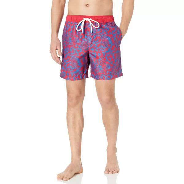 Amazon Essentials Mens 7 QuickDry Swim TrunkRedDark Blue Vintage Floral