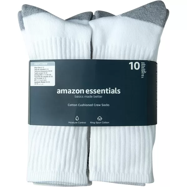 Amazon Essentials Mens Cotton Half Cushioned Crew Socks 10 PairsWhite