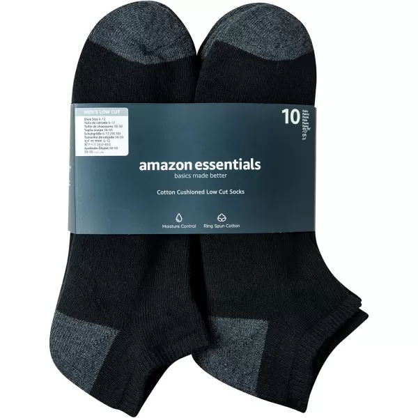 Amazon Essentials Mens Cotton Half Cushioned Low Cut Socks 10 PairsBlack