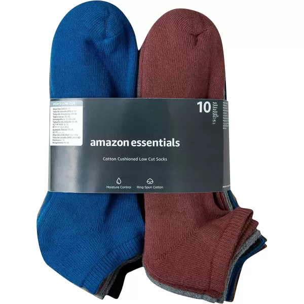 Amazon Essentials Mens Cotton Half Cushioned Low Cut Socks 10 PairsBlueRedBlack