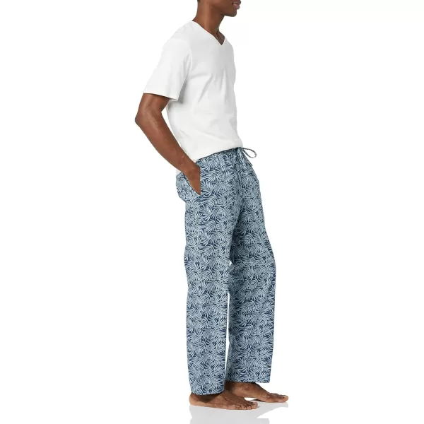 Amazon Essentials Mens Cotton Poplin Pant with Cotton Jersey TShirt Pajama SetBlue Palm LeafWhite