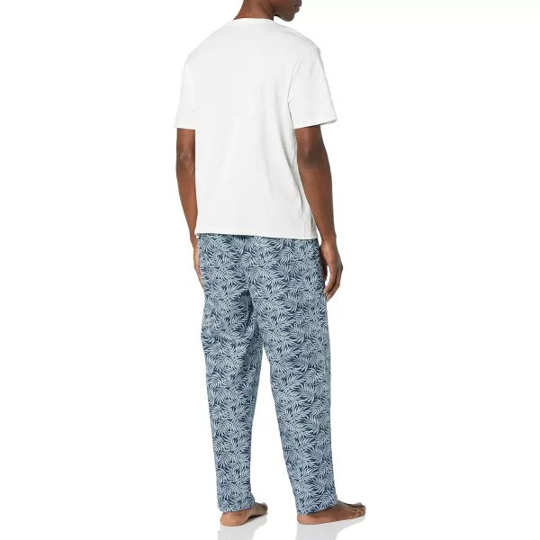 Amazon Essentials Mens Cotton Poplin Pant with Cotton Jersey TShirt Pajama SetBlue Palm LeafWhite