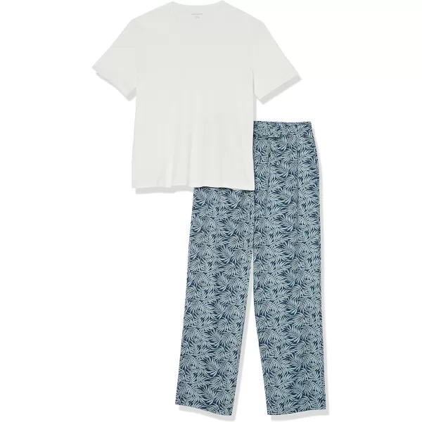 Amazon Essentials Mens Cotton Poplin Pant with Cotton Jersey TShirt Pajama SetBlue Palm LeafWhite