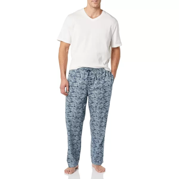 Amazon Essentials Mens Cotton Poplin Pant with Cotton Jersey TShirt Pajama SetBlue Palm LeafWhite