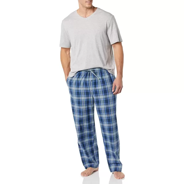 Amazon Essentials Mens Cotton Poplin Pant with Cotton Jersey TShirt Pajama SetGrey HeatherNavy Plaid