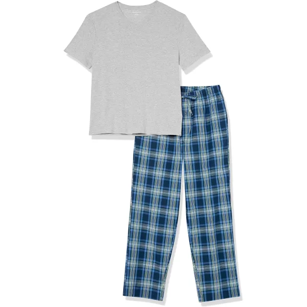 Amazon Essentials Mens Cotton Poplin Pant with Cotton Jersey TShirt Pajama SetGrey HeatherNavy Plaid