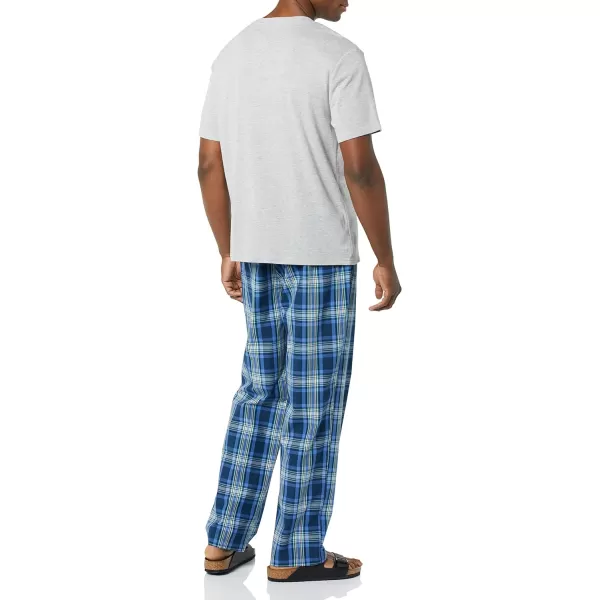 Amazon Essentials Mens Cotton Poplin Pant with Cotton Jersey TShirt Pajama SetGrey HeatherNavy Plaid