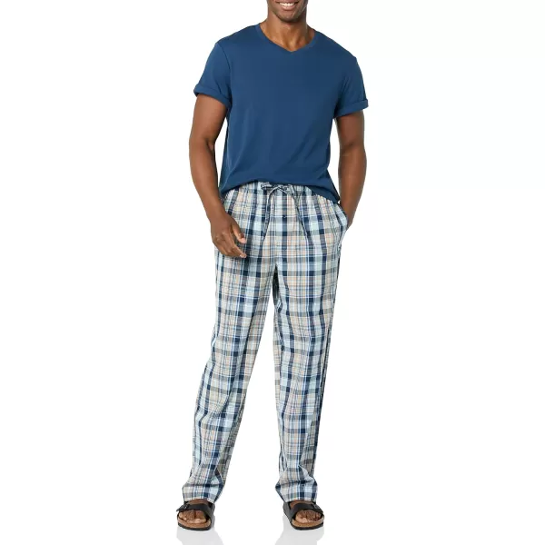 Amazon Essentials Mens Cotton Poplin Pant with Cotton Jersey TShirt Pajama SetIndigoNavy Plaid