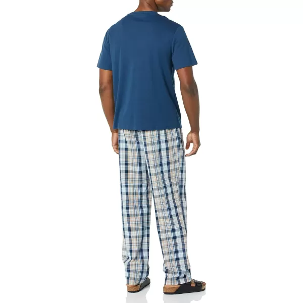 Amazon Essentials Mens Cotton Poplin Pant with Cotton Jersey TShirt Pajama SetIndigoNavy Plaid