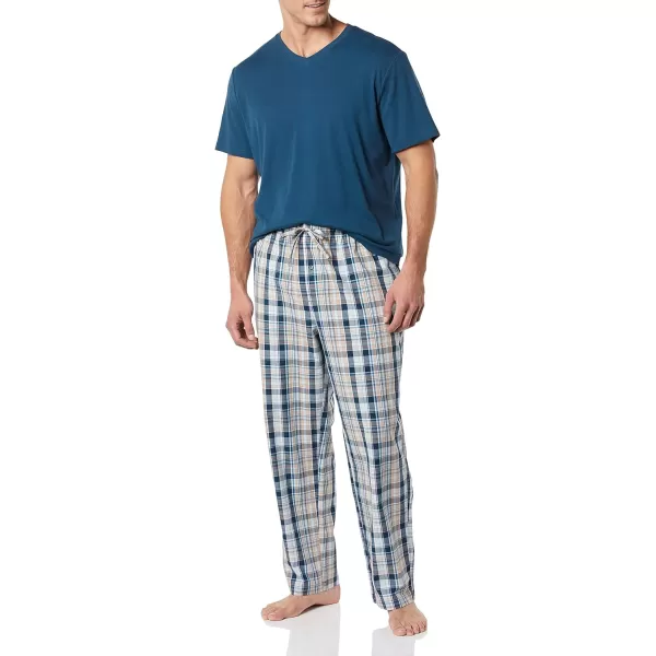 Amazon Essentials Mens Cotton Poplin Pant with Cotton Jersey TShirt Pajama SetIndigoNavy Plaid