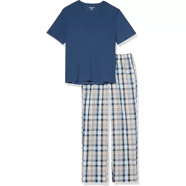 Amazon Essentials Mens Cotton Poplin Pant with Cotton Jersey TShirt Pajama SetIndigoNavy Plaid