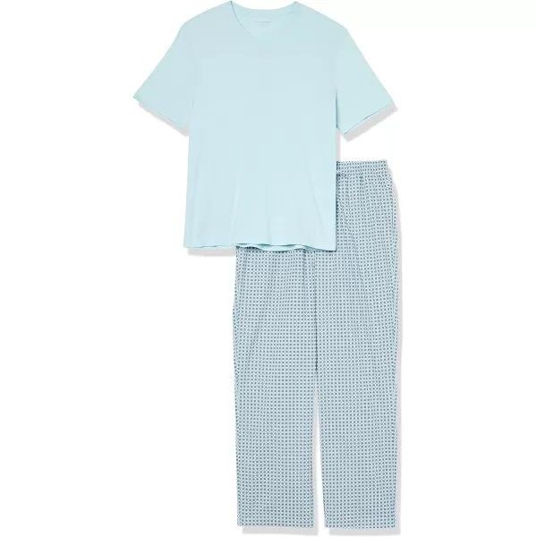 Amazon Essentials Mens Cotton Poplin Pant with Cotton Jersey TShirt Pajama SetLight Blue Geo Print