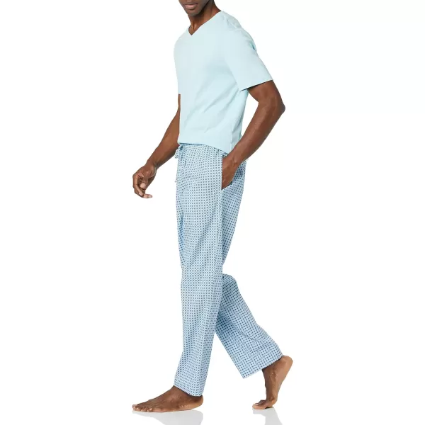 Amazon Essentials Mens Cotton Poplin Pant with Cotton Jersey TShirt Pajama SetLight Blue Geo Print