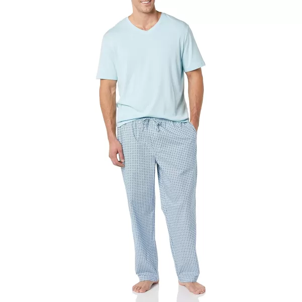 Amazon Essentials Mens Cotton Poplin Pant with Cotton Jersey TShirt Pajama SetLight Blue Geo Print