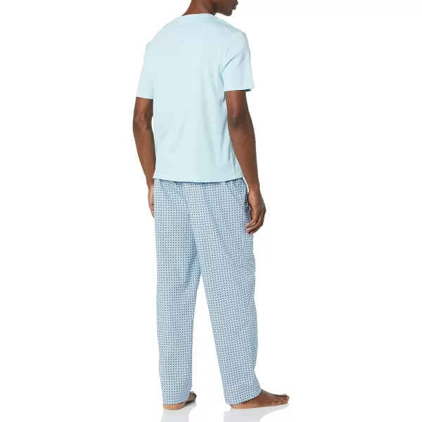 Amazon Essentials Mens Cotton Poplin Pant with Cotton Jersey TShirt Pajama SetLight Blue Geo Print