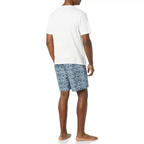 Amazon Essentials Mens Cotton Poplin Short with Cotton TShirt Pajama SetBlue Palm LeafWhite