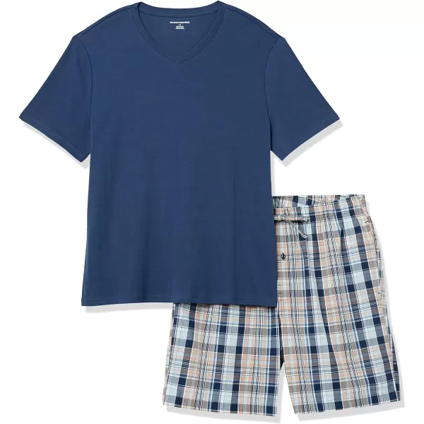 Amazon Essentials Mens Cotton Poplin Short with Cotton TShirt Pajama SetIndigoNavy Plaid