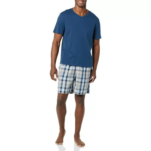 Amazon Essentials Mens Cotton Poplin Short with Cotton TShirt Pajama SetIndigoNavy Plaid