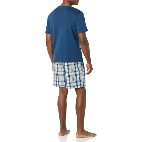 Amazon Essentials Mens Cotton Poplin Short with Cotton TShirt Pajama SetIndigoNavy Plaid