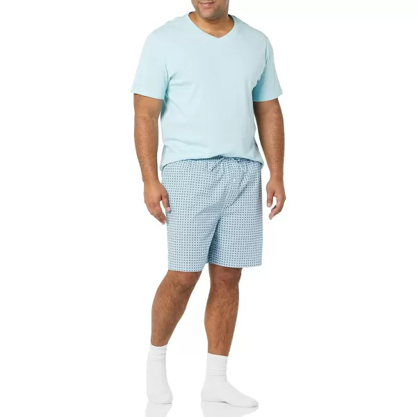 Amazon Essentials Mens Cotton Poplin Short with Cotton TShirt Pajama SetLight Blue Geo Print