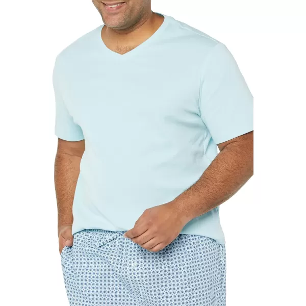 Amazon Essentials Mens Cotton Poplin Short with Cotton TShirt Pajama SetLight Blue Geo Print