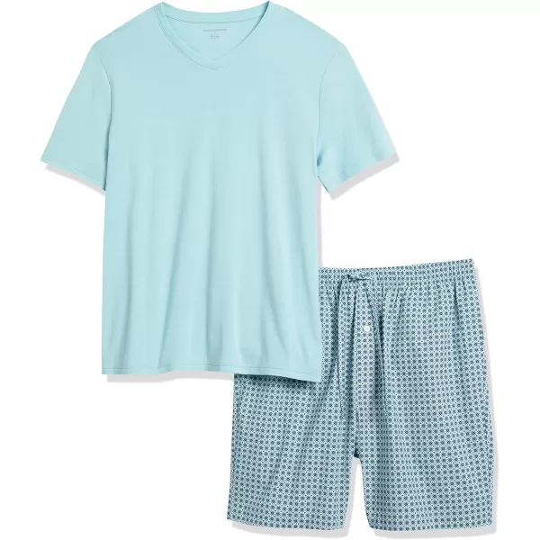 Amazon Essentials Mens Cotton Poplin Short with Cotton TShirt Pajama SetLight Blue Geo Print