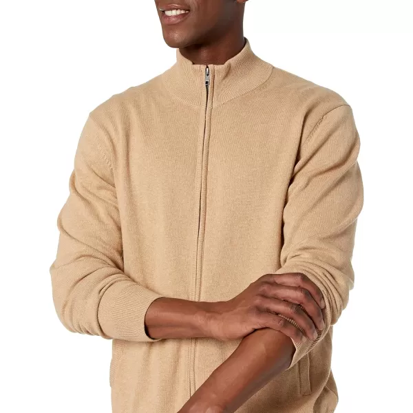 Amazon Essentials Mens FullZip Cotton SweaterCamel Heather