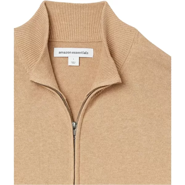 Amazon Essentials Mens FullZip Cotton SweaterCamel Heather