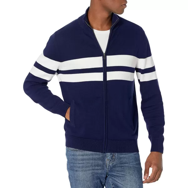 Amazon Essentials Mens FullZip Cotton SweaterNavyWhite Stripe