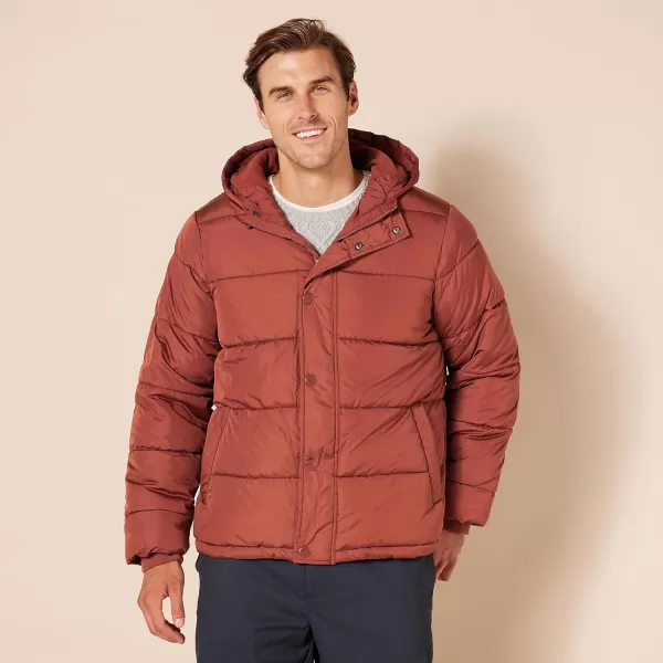 Amazon Essentials Mens Heavyweight Hooded Puffer CoatEarth Red