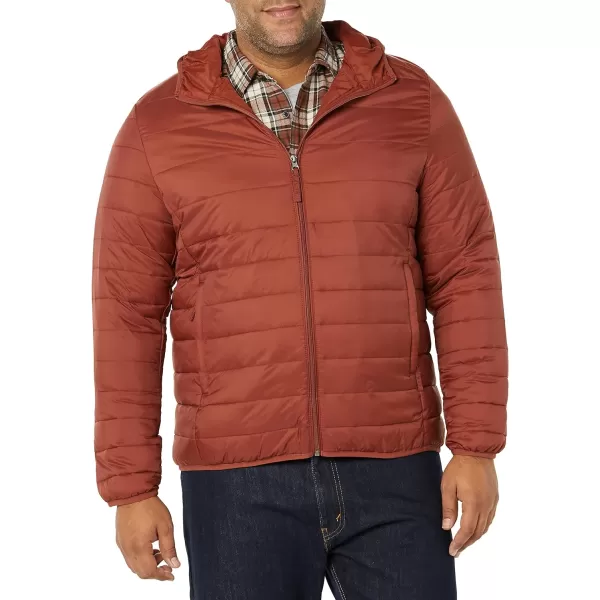 Amazon Essentials Mens Lightweight WaterResistant Packable Hooded Puffer JacketEarth Red