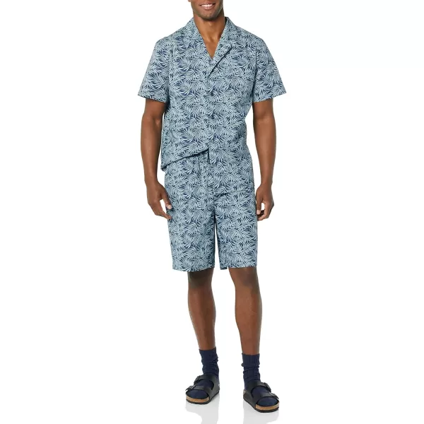 Amazon Essentials Mens Lightweight Woven Notch Collar Short Pajama SetBlue Navy Palm Leaf