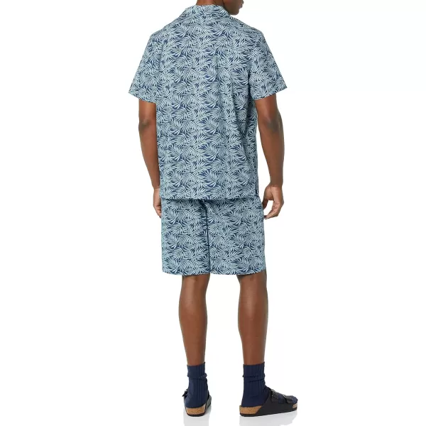 Amazon Essentials Mens Lightweight Woven Notch Collar Short Pajama SetBlue Navy Palm Leaf