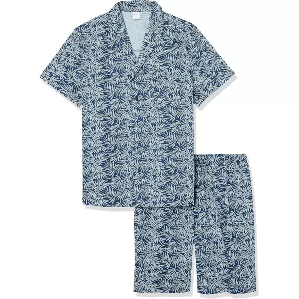 Amazon Essentials Mens Lightweight Woven Notch Collar Short Pajama SetBlue Navy Palm Leaf