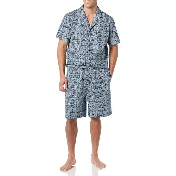 Amazon Essentials Mens Lightweight Woven Notch Collar Short Pajama SetBlue Navy Palm Leaf