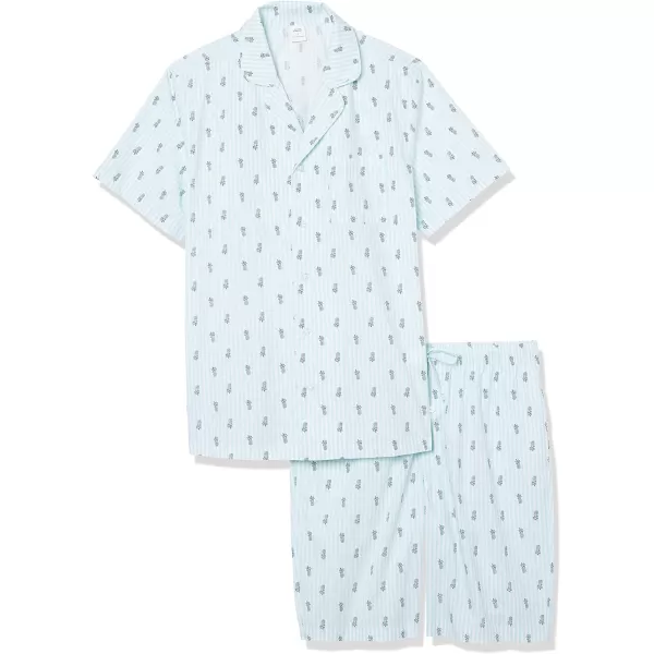 Amazon Essentials Mens Lightweight Woven Notch Collar Short Pajama SetLight Blue Pineapple