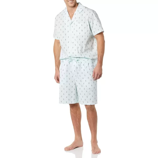 Amazon Essentials Mens Lightweight Woven Notch Collar Short Pajama SetLight Blue Pineapple