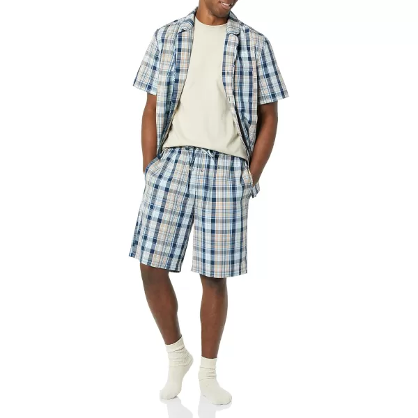 Amazon Essentials Mens Lightweight Woven Notch Collar Short Pajama SetTaupeNavy Madras