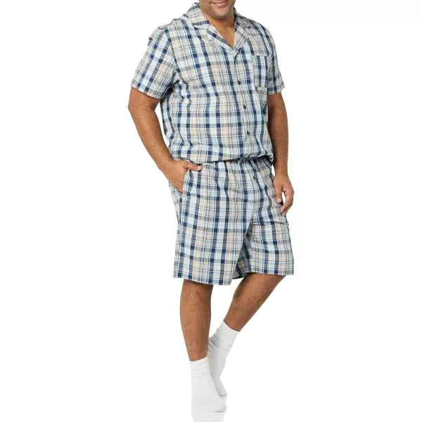 Amazon Essentials Mens Lightweight Woven Notch Collar Short Pajama SetTaupeNavy Madras